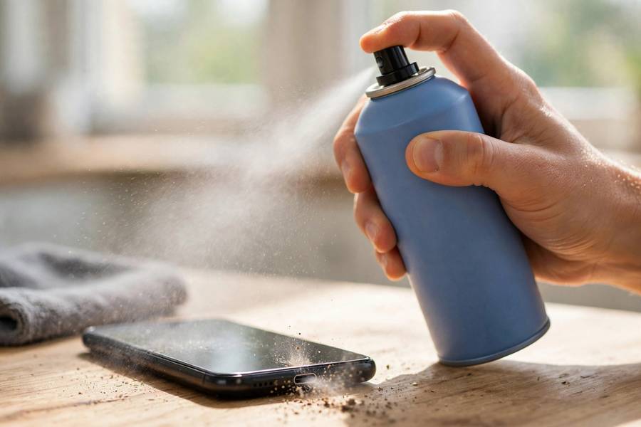 Holding a compressed air can upright while cleaning a phone port