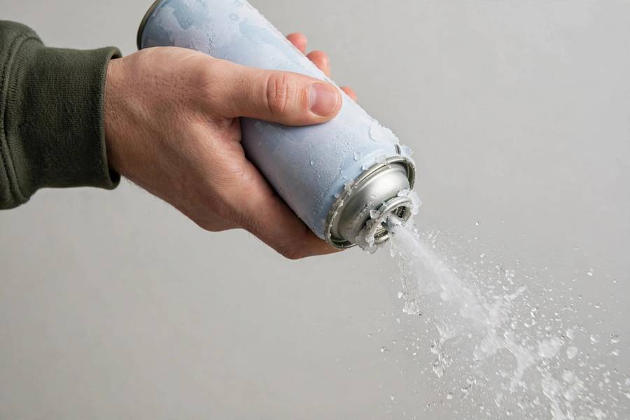 Demonstrating why a tilted air duster can sprays liquid