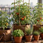 Container Gardening for Beginners: No Yard, No Problem Sunny apartment balcony container garden with grow bags of tomatoes and terracotta herb pots