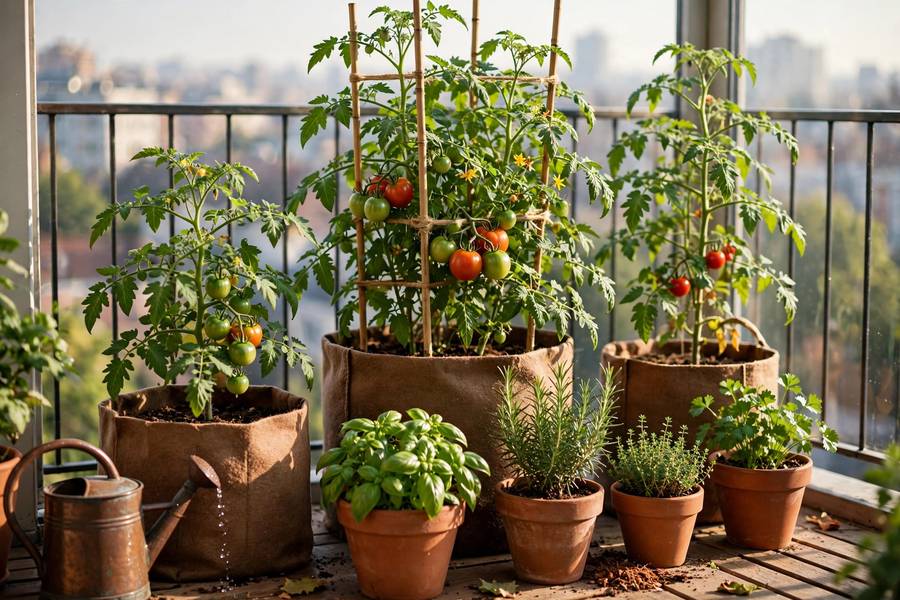 Sunny apartment balcony container garden with grow bags of tomatoes and terracotta herb pots