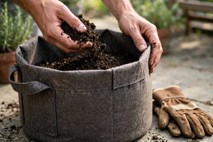 Hands filling a fabric grow bag with dark potting mix on a patio