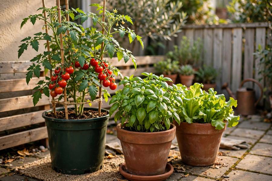 Thriving patio container garden with cherry tomatoes, basil, and lettuce in pots