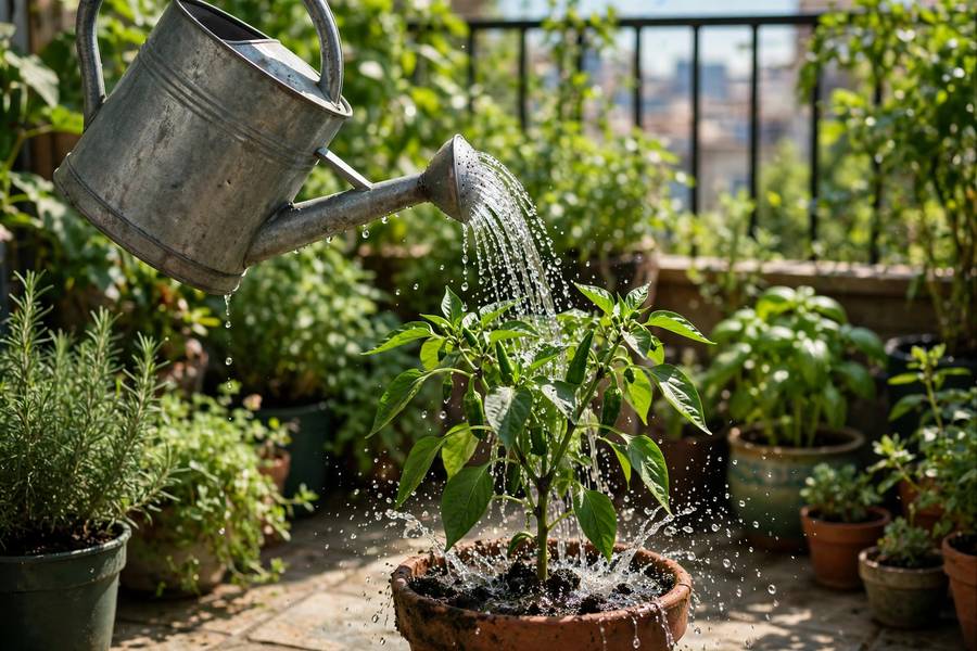 Watering can watering a potted pepper plant on a sunny balcony garden
