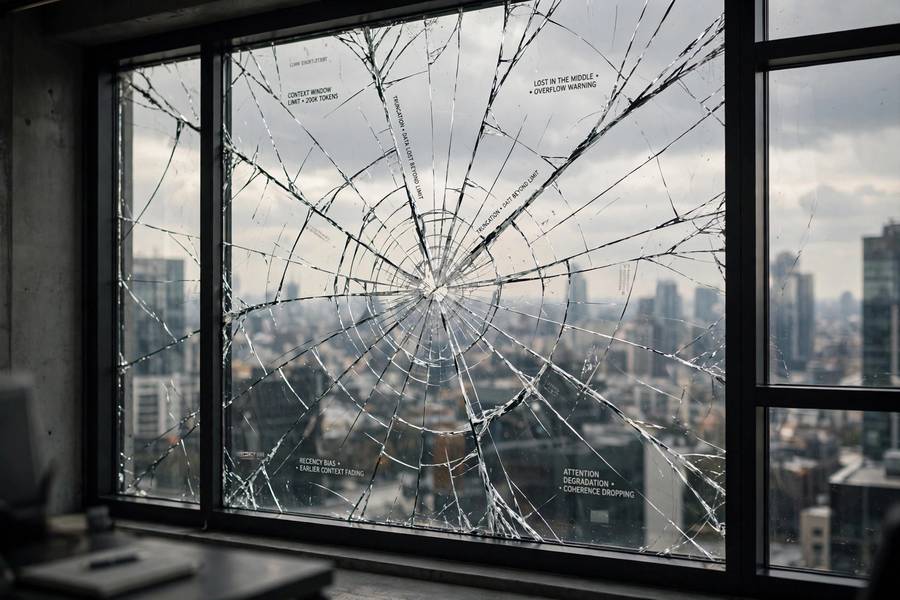 A giant window with cracks representing limitations of large context windows