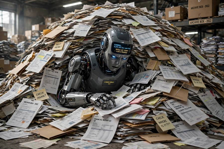 An AI struggling to find a needle in an enormous haystack of documents