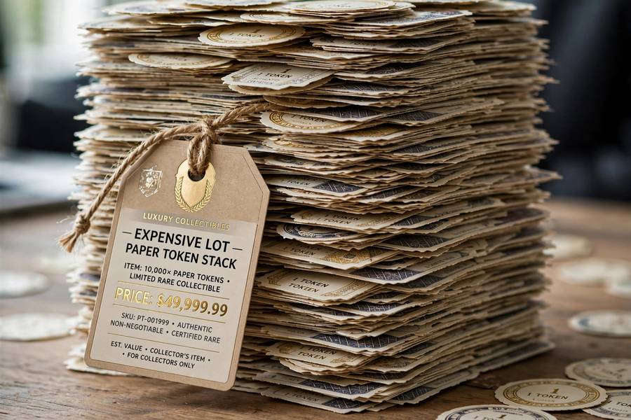 An expensive price tag on a massive stack of paper tokens