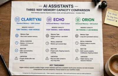 A three-way comparison chart showing AI assistants with different memory capacities