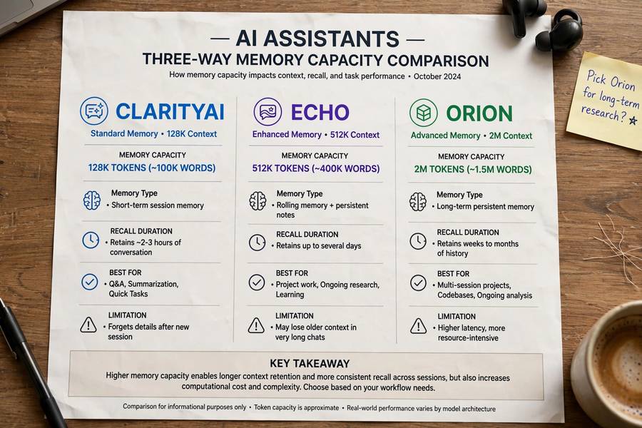 A three-way comparison chart showing AI assistants with different memory capacities
