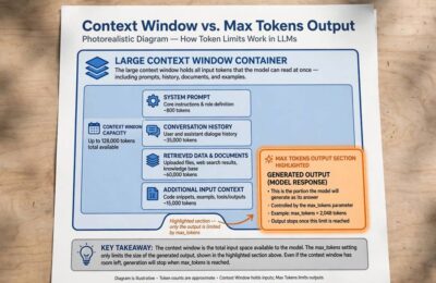 Diagram showing a large context window with the smaller max tokens output section highlighted
