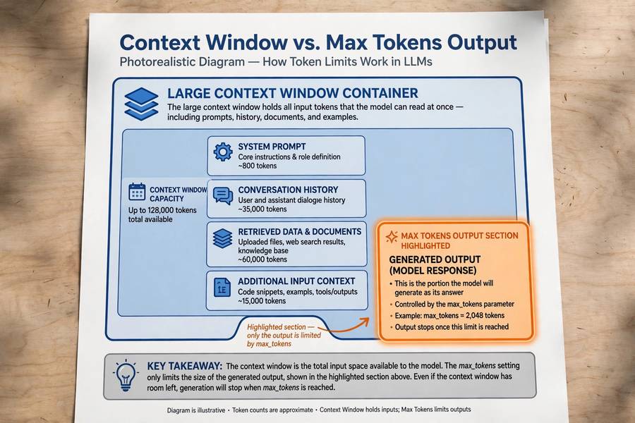 Diagram showing a large context window with the smaller max tokens output section highlighted