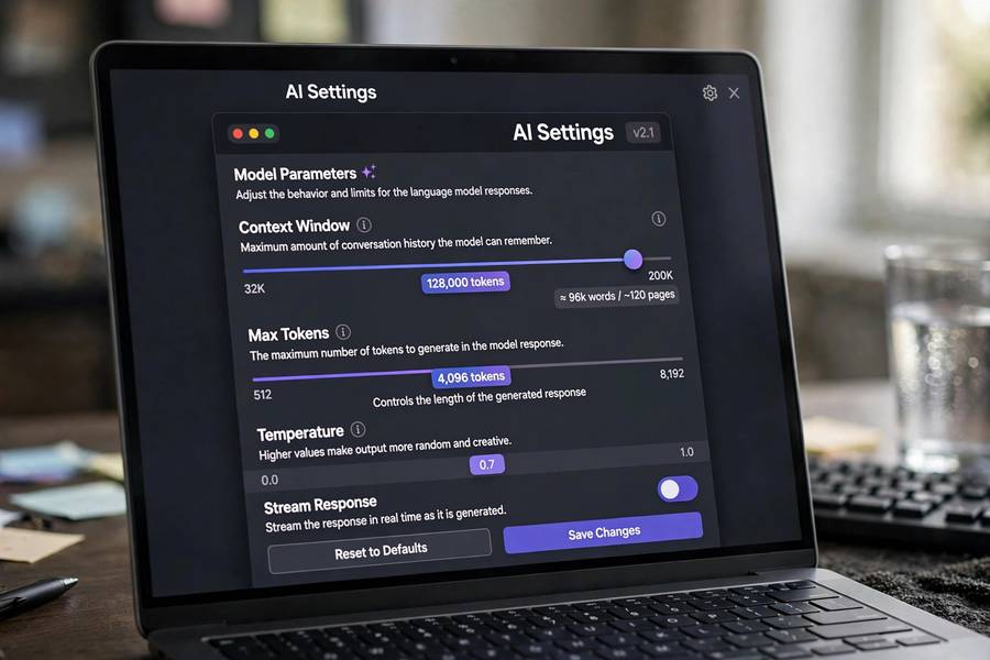 An AI settings panel with sliders for context window and max tokens parameters