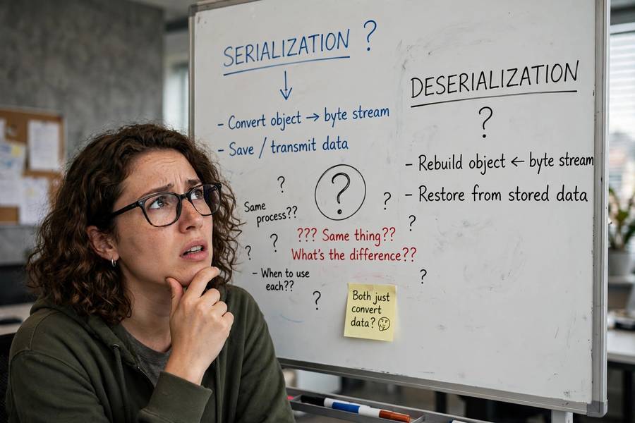 A person confused by two similar technical terms written on a whiteboard