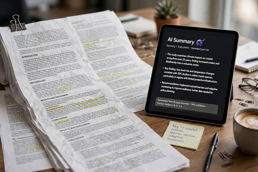 A long document being summarized into a short AI response