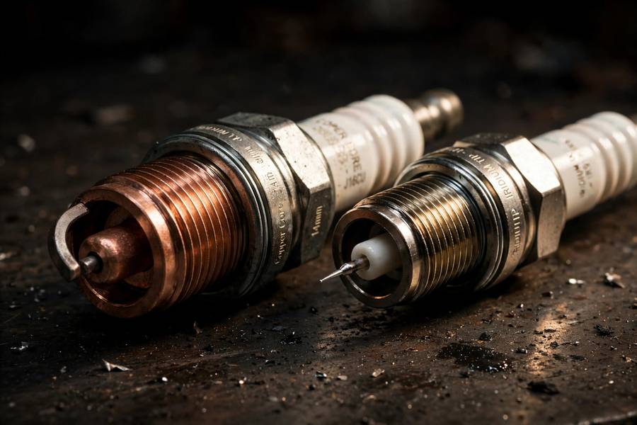 Copper vs iridium spark plugs side by side showing electrode differences