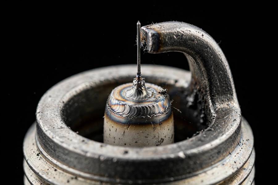 Close-up of iridium spark plug fine-wire electrode tip