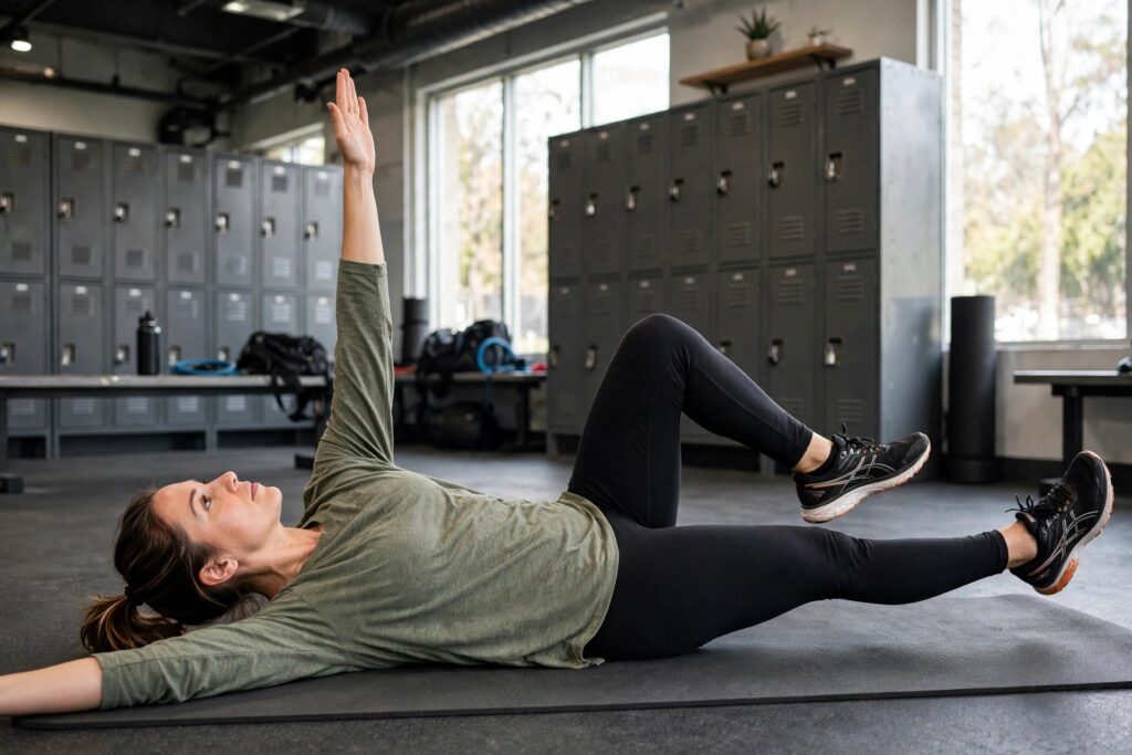 Runner performing dead bug core exercise on a gym mat