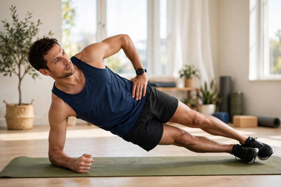 Runner holding a perfect side plank on a mat