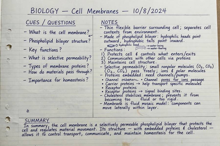 Notebook page showing the Cornell notes method three-section layout with handwritten notes
