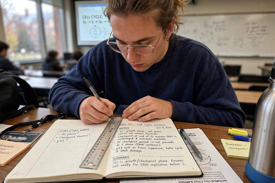 Student setting up Cornell notes format during a lecture