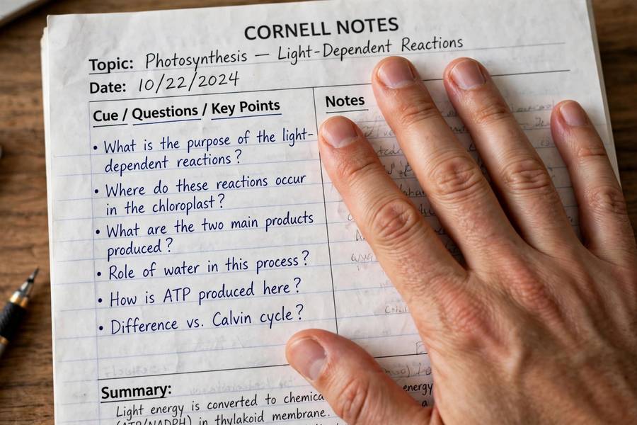 Covering Cornell notes to self-test with cue column questions
