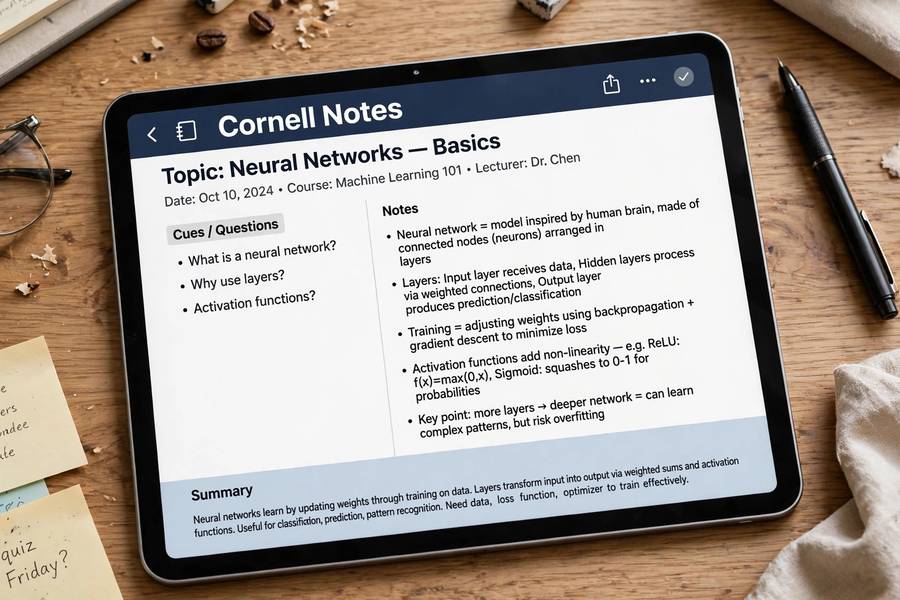 Digital Cornell notes template on a tablet with typed lecture notes