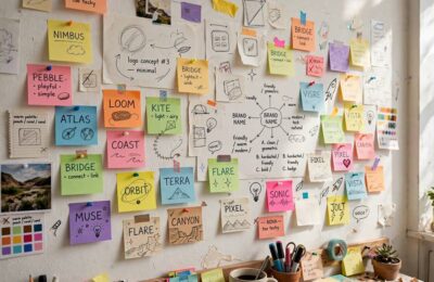 Creative business name examples brainstormed on a studio wall