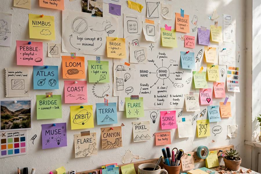 Creative business name examples brainstormed on a studio wall