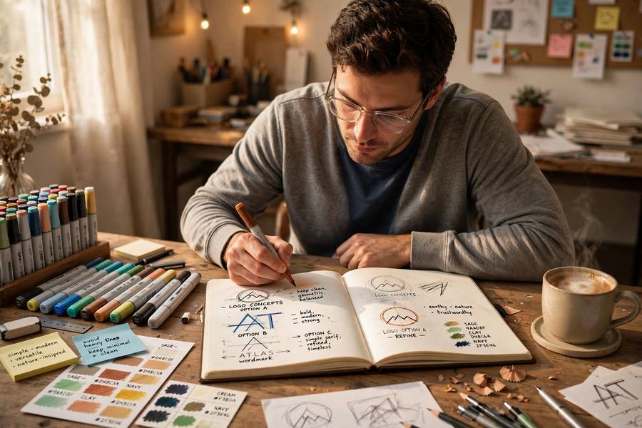 Sketching logos for creative business name examples