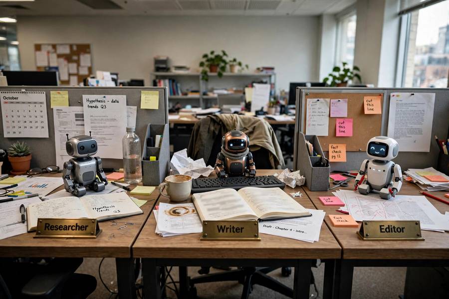 CrewAI agents with defined roles: researcher, writer, and editor at their desks