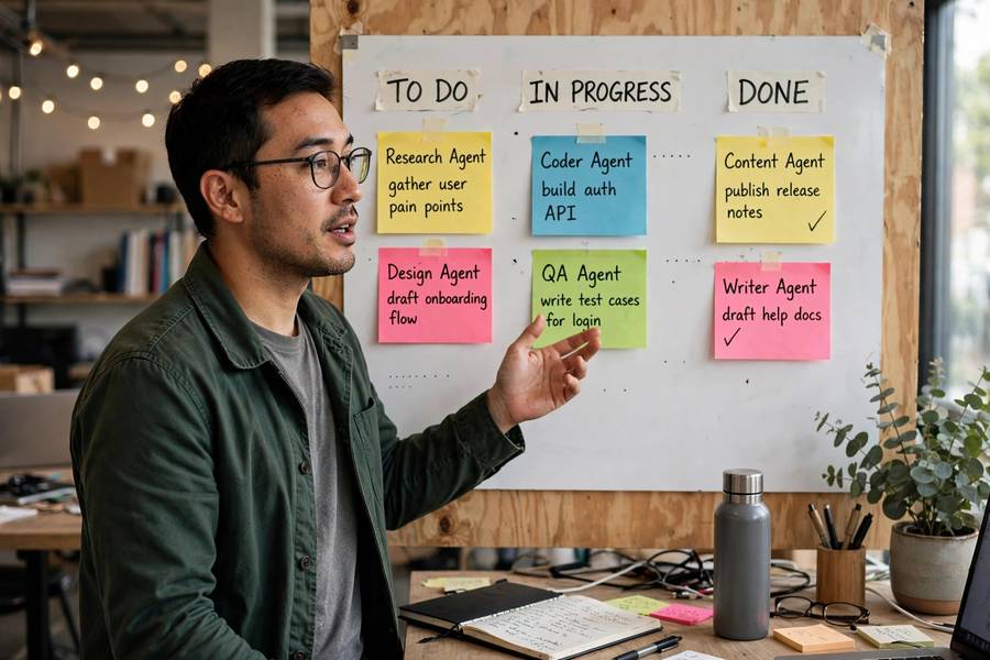 Human delegating tasks to a CrewAI crew organized on a kanban board