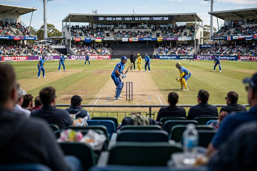 Cricket match in progress viewed from the stadium stands
