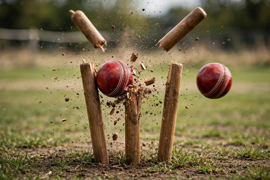 Cricket ball smashing into the stumps with bails flying