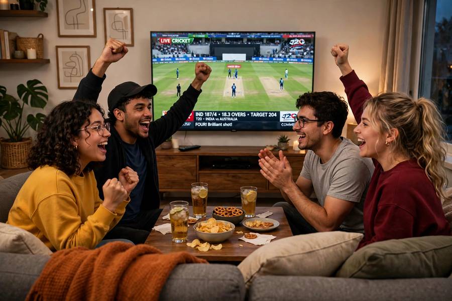 Friends watching and cheering a cricket match on television