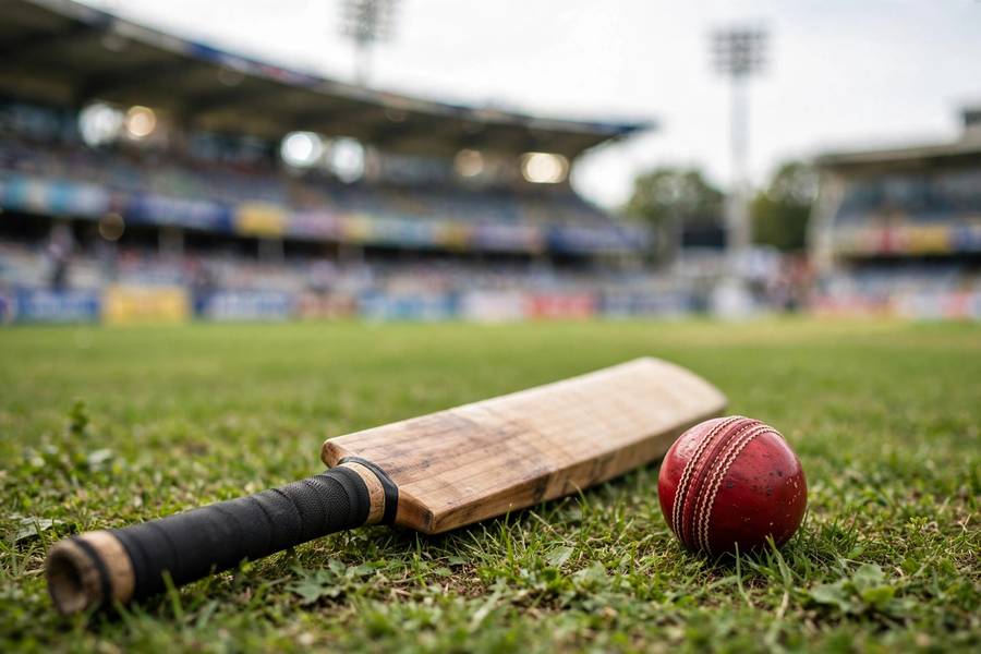 Cricket bat and ball on the grass with stadium in background