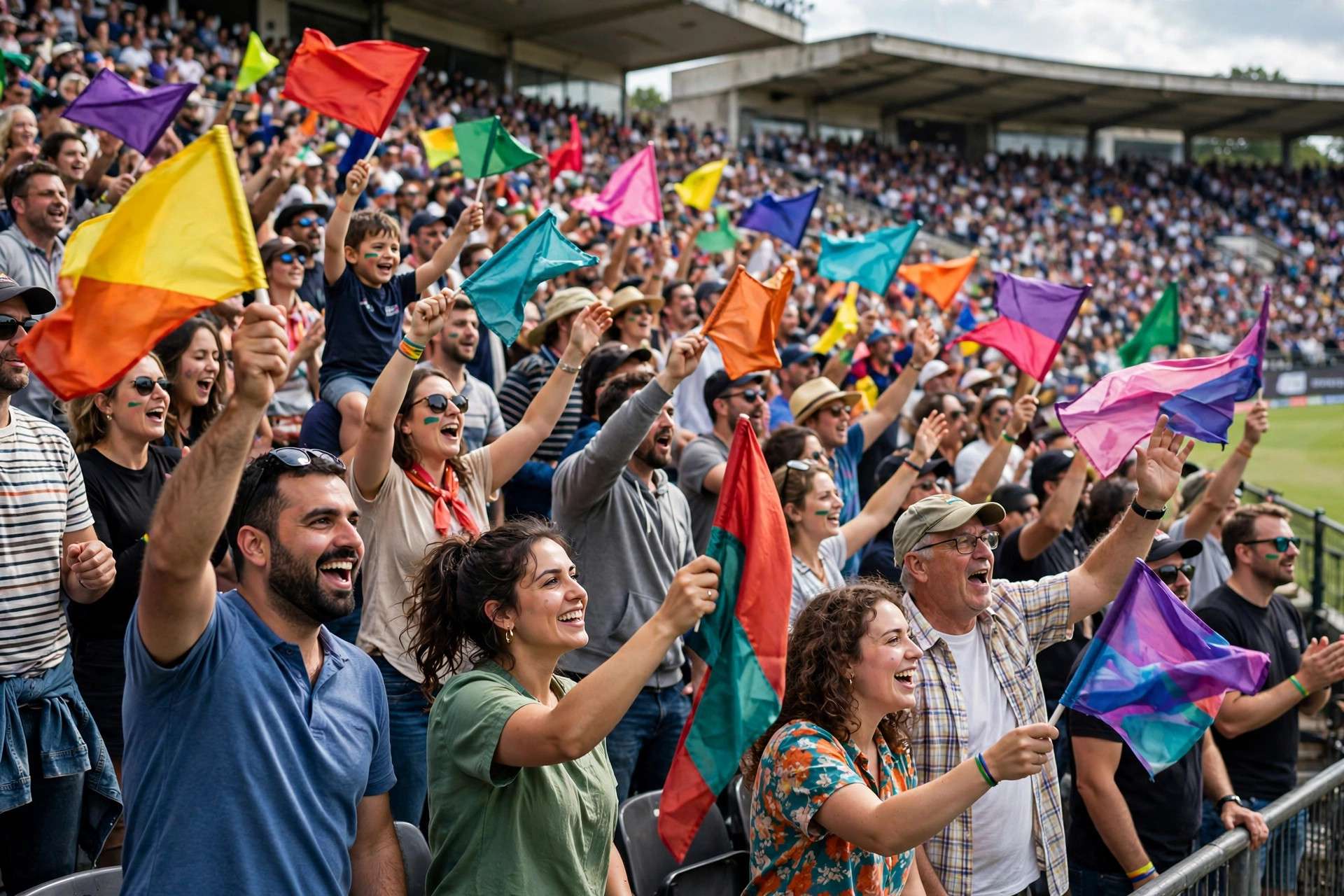 cricket fans waving flags in a stadium stand