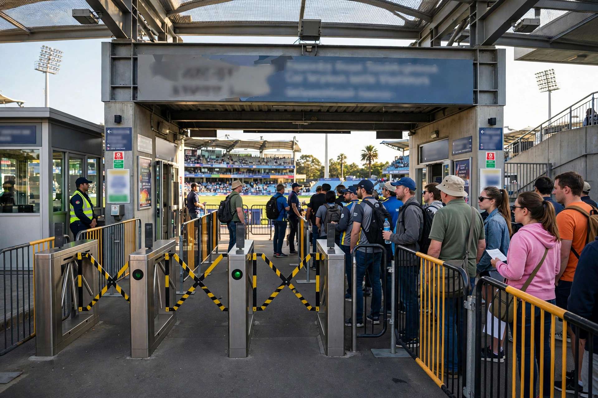 cricket stadium entrance gates with fans arriving before a match