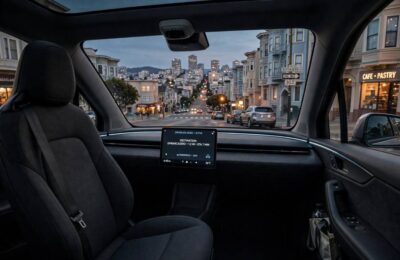 Cruise robotaxi driving driverless through San Francisco with an empty driver seat