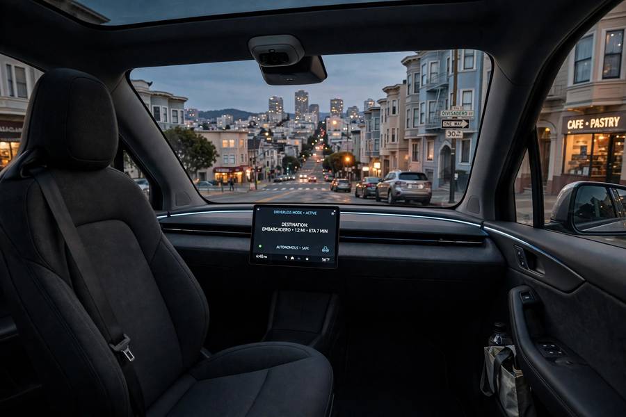 Cruise robotaxi driving driverless through San Francisco with an empty driver seat