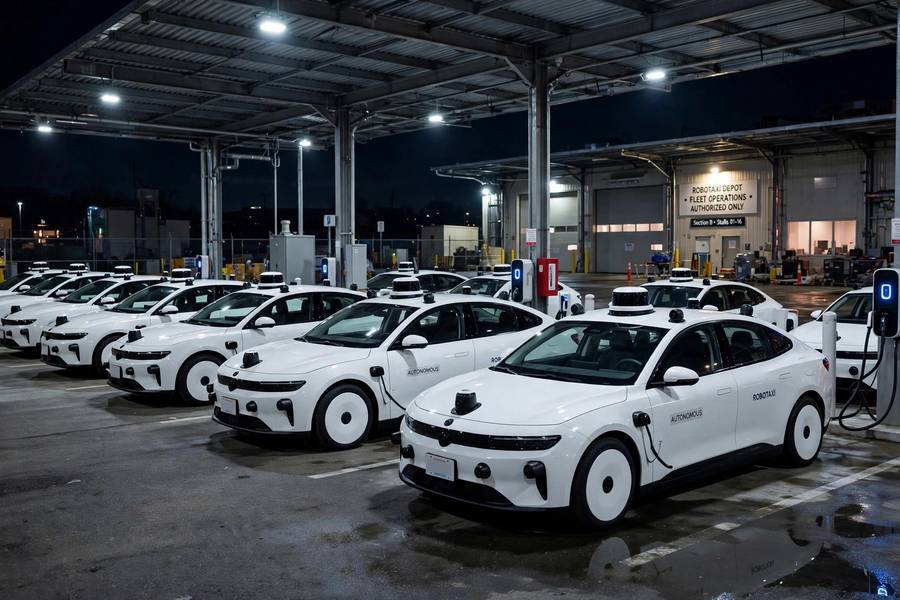 Fleet of Cruise robotaxis parked in a depot at night