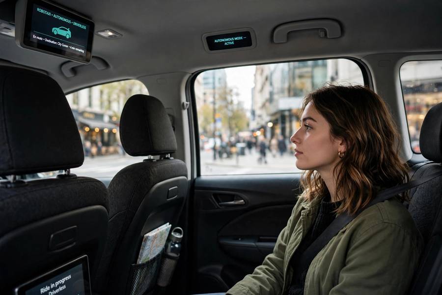 Passenger riding in the back seat of a driverless Cruise robotaxi