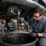 Technician draining old CVT transmission fluid into a pan
