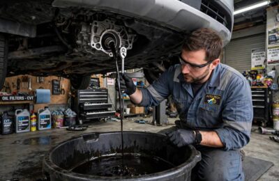 Technician draining old CVT transmission fluid into a pan