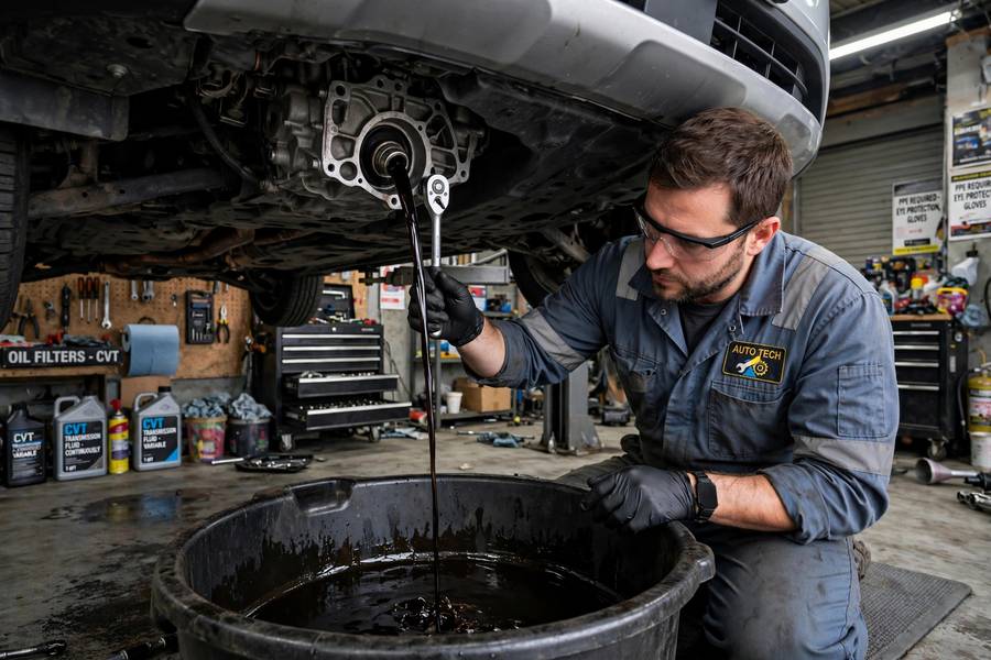 Technician draining old CVT transmission fluid into a pan