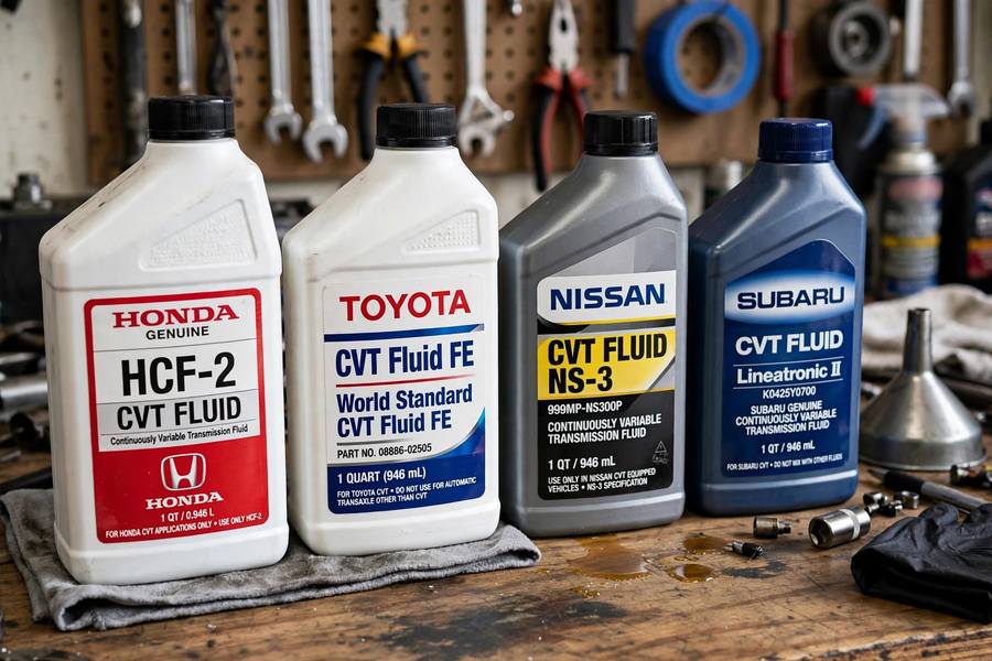 Bottles of manufacturer-specific CVT transmission fluid on a workbench