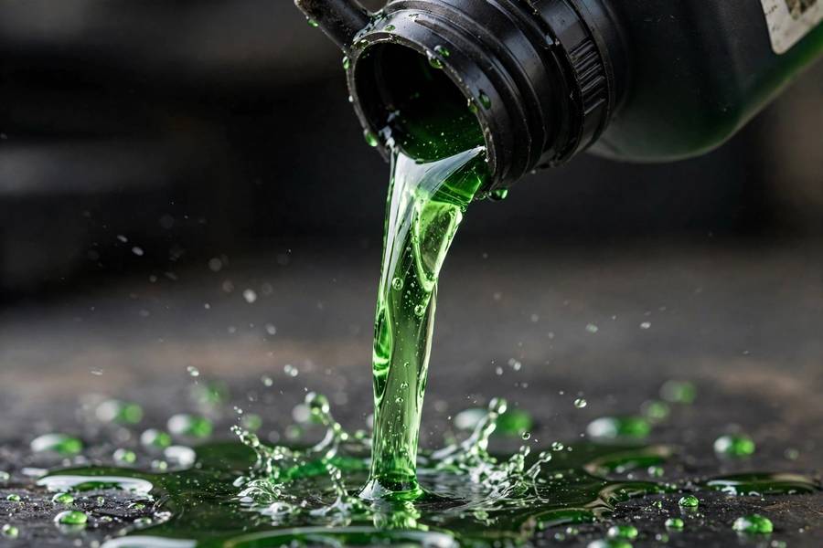 Fresh CVT transmission fluid showing its clear green color