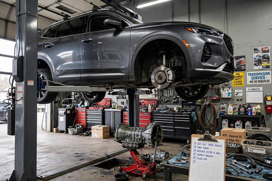 Car on a lift during a CVT transmission fluid service