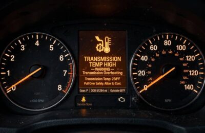 Illuminated transmission temperature warning light on a car dashboard