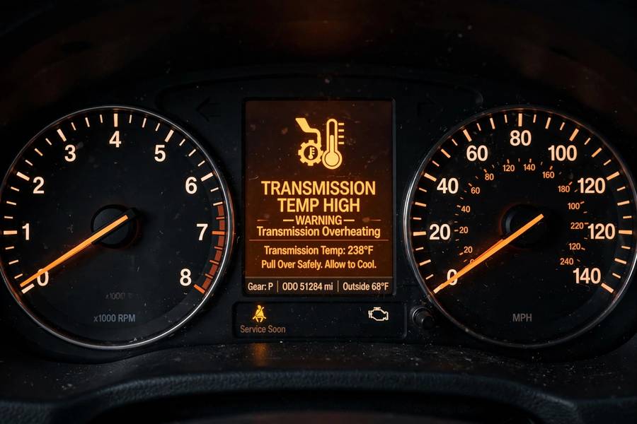 Illuminated transmission temperature warning light on a car dashboard