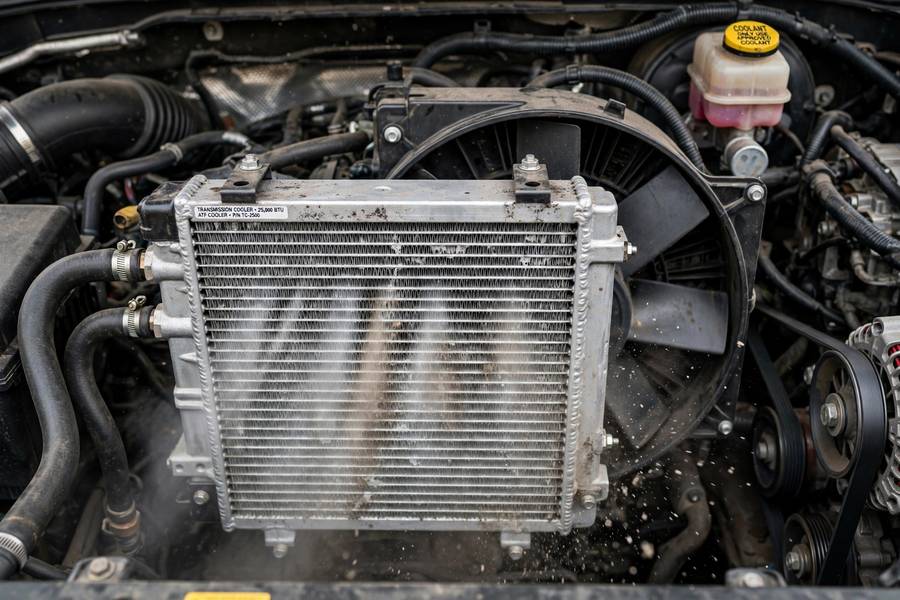 Transmission cooler in a car engine bay