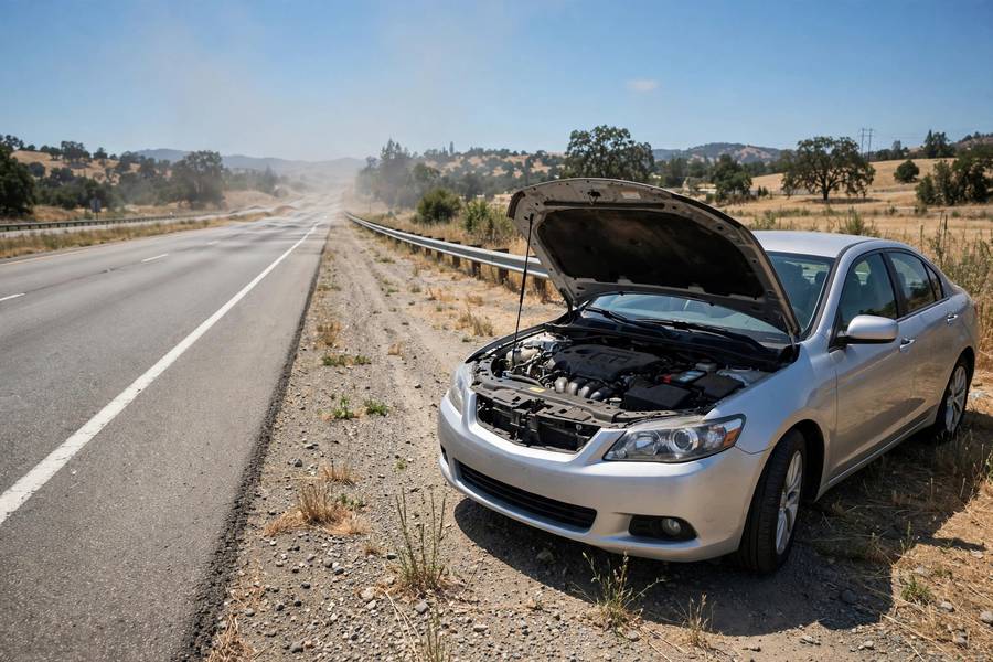 Car pulled over on a highway shoulder with the hood open on a hot day